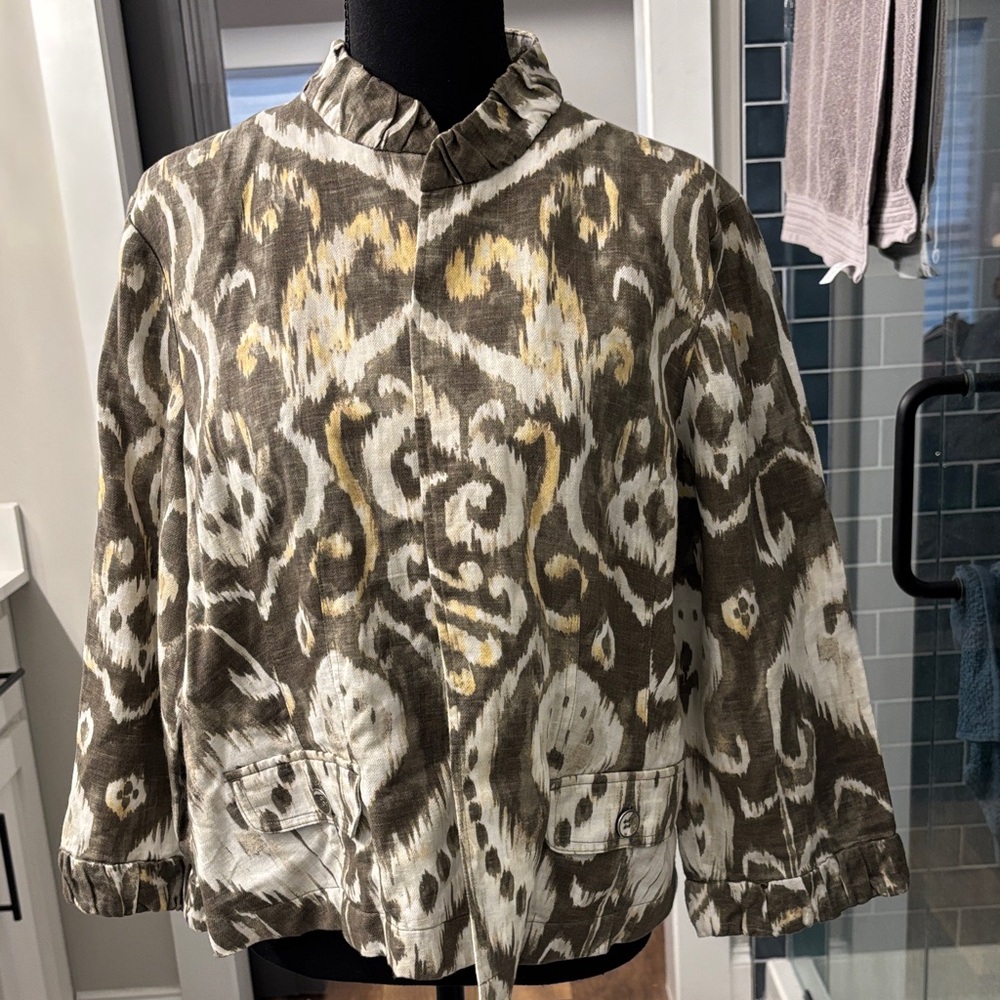 Chico's olive and Cream Patterned Bomber Jacket
